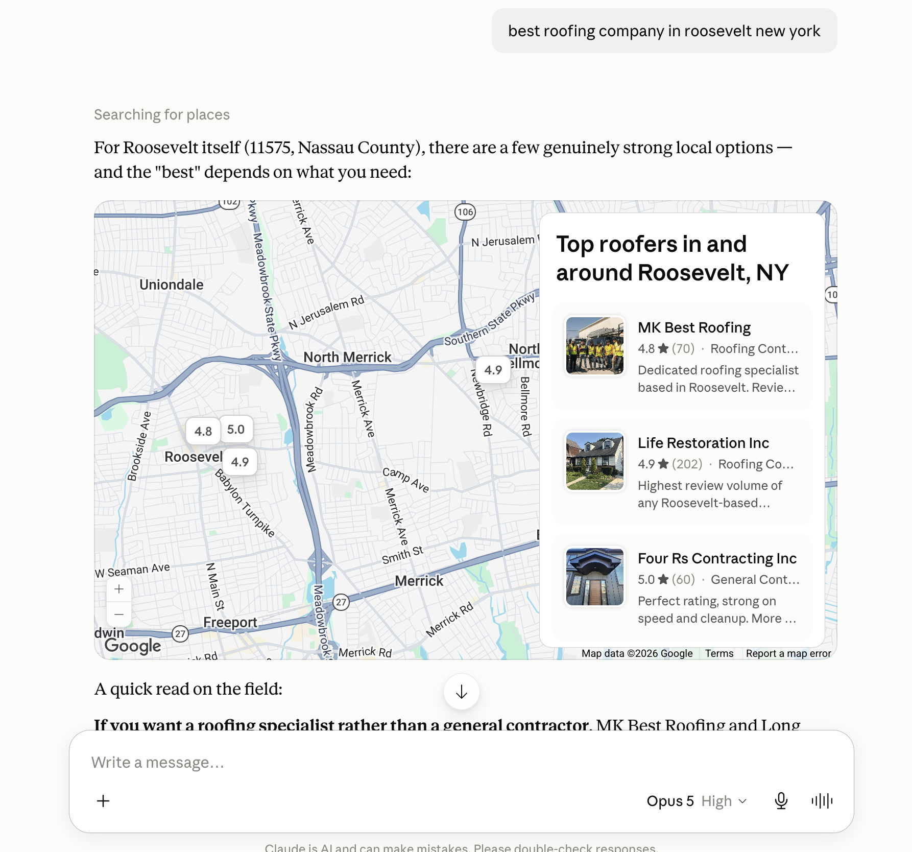 Claude answer to "best roofing company in roosevelt new york" showing a Google map of Roosevelt, New York alongside a "Top roofers in and around Roosevelt, NY" panel that lists MK Best Roofing first, rated 4.8 from 70 reviews